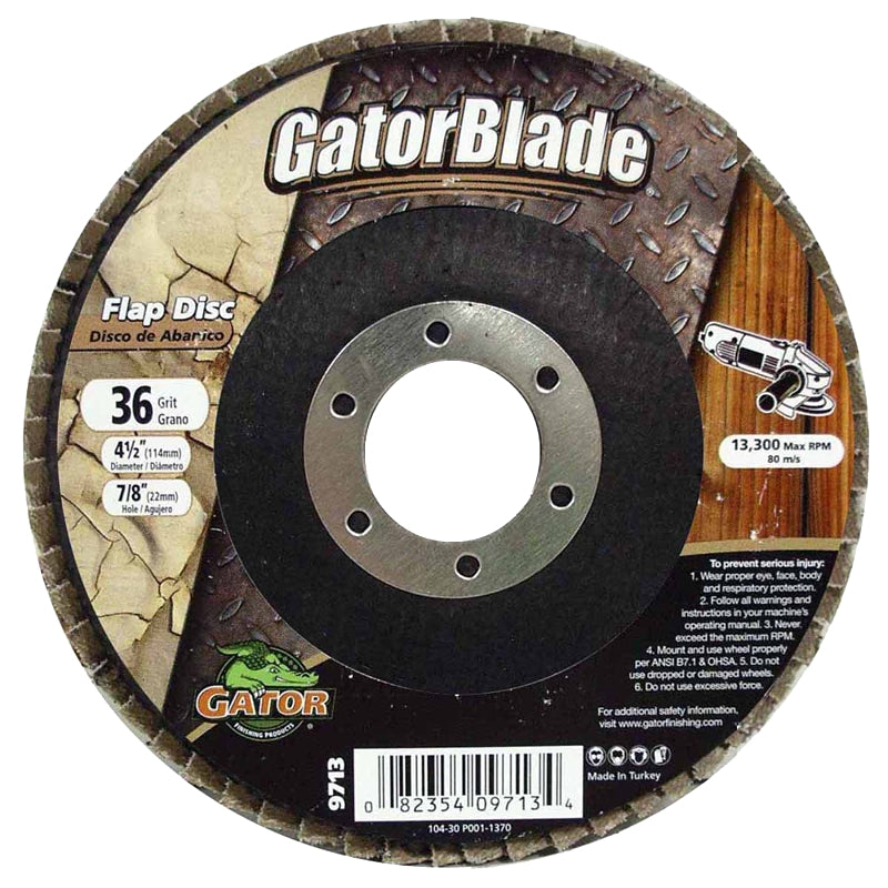 GatorBlade 9713 Flap Disc, 4-1/2 in Dia, 7/8 in Arbor, 36 Grit, Zirconium Oxide Abrasive