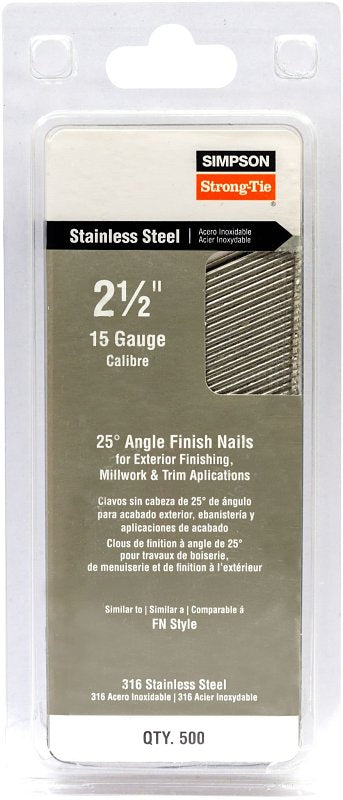 Simpson Strong-Tie T15N250FNB Finishing Nail, 8d, 2-1/2 in L, 15 ga Gauge, Stainless Steel, T-Style Head