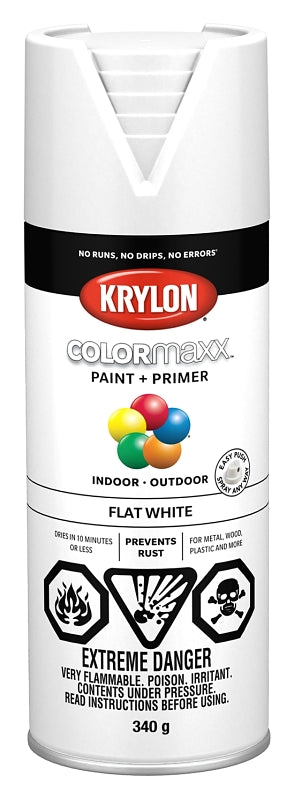 Krylon COLORmaxx K05548007 Spray Paint, Flat, White, 12 oz, Aerosol Can