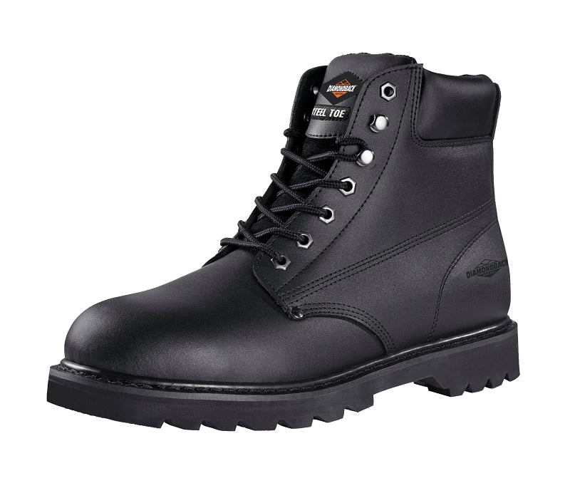 Diamondback Work Boots, 8, Medium W, Black, Leather Upper, Lace-Up, Steel Toe, With Lining