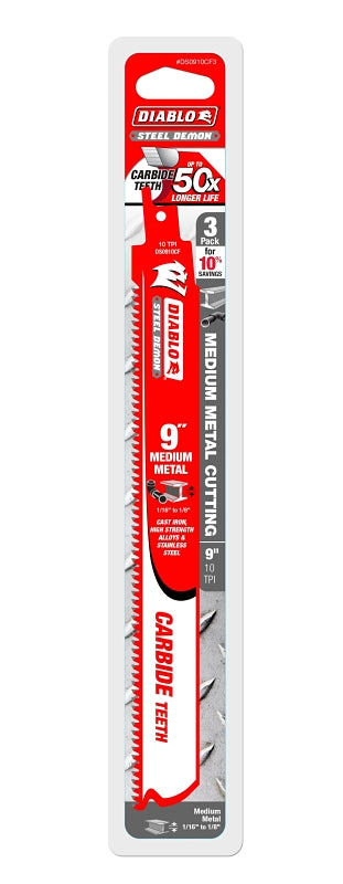 Diablo DS0910CF3 Reciprocating Saw Blade, 9 in L, 10 TPI, Carbide Cutting Edge, 3/PK