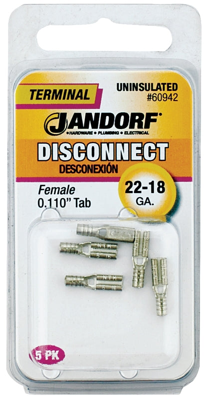 Jandorf 60942 Disconnect Terminal, 22 to 18 AWG Wire, Copper Contact, 5/PK