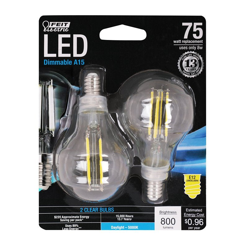 Feit Electric BPA1575C/850/FIL/2 LED Light Bulb, A15 Lamp, 75 W Equivalent, E12 Candelabra Lamp Base, Dimmable, Clear, 2/PK