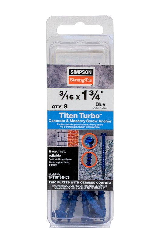 Simpson Strong-Tie Titen Turbo TNT18134HC8 Screw Anchor, 3/16 in Dia, 1-3/4 in L, Carbon Steel, Zinc Plated