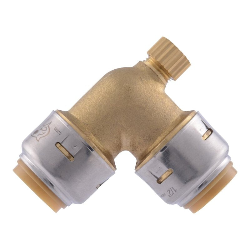 SharkBite UR5248A Pipe Elbow with Drain/Vent, 1/2 in Push-to-Connect, 90 deg Angle, DZR Brass, 200 psi Pressure