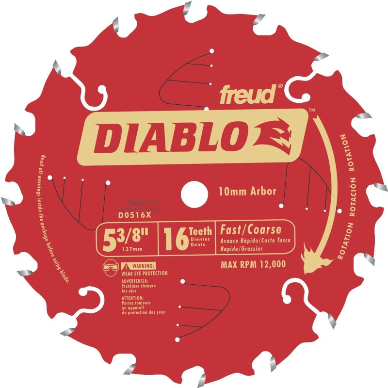 Diablo D0516X Circular Saw Blade, 5-3/8 in Dia, 0.393 in Arbor, 16-Teeth, Carbide Cutting Edge