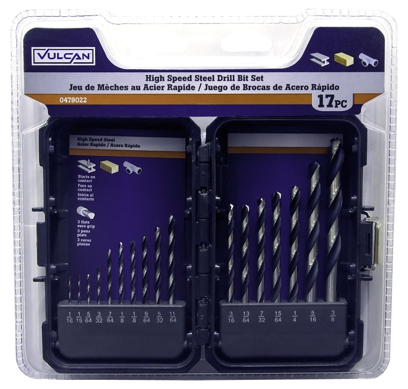 Vulcan Plastic Case Drill Bit Set, 17-Piece, High-Speed Steel, Black Oxide/Polished