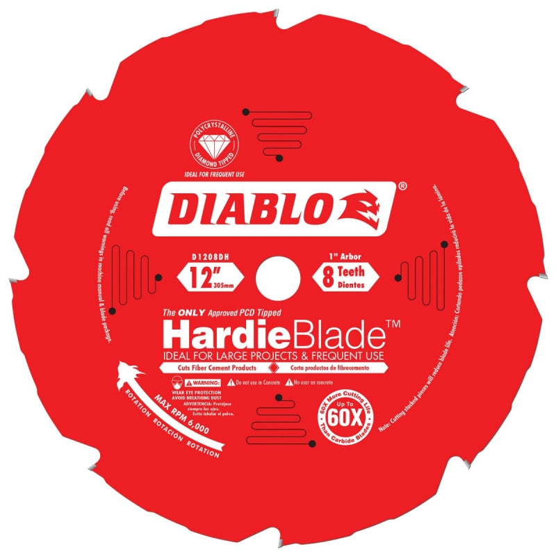 Diablo D1208DH Circular Saw Blade, 12 in Dia, 1 in Arbor, 8-Teeth, Polycrystalline Cutting Edge