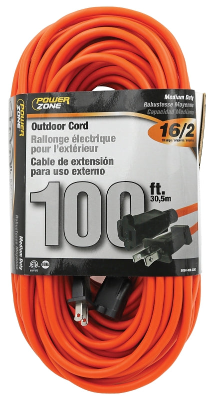 PowerZone OR481635 Outdoor Extension Cord, 16 AWG Wire, 100 ft L, Orange Sheath