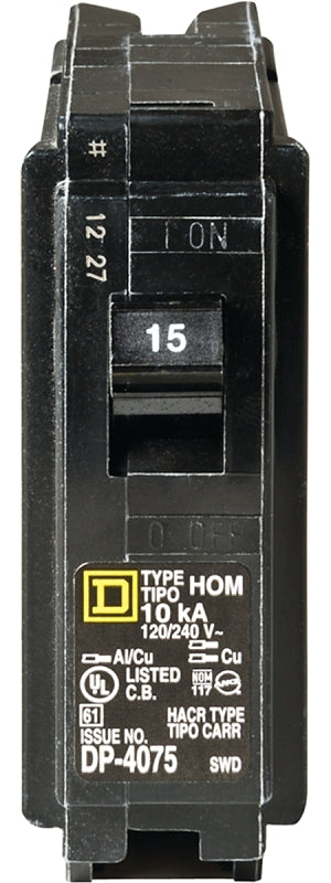 Square D Homeline HOM115C Circuit Breaker, Mini, 15 A, 1 -Pole, 120 V, Plug Mounting, Black