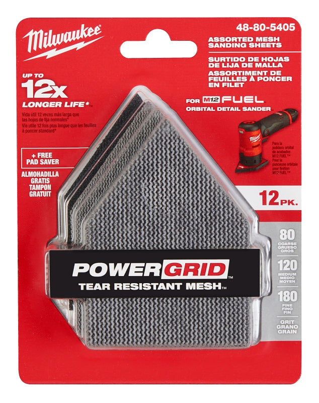 Milwaukee 48-80-5405 Mesh Sanding Sheet, 3-5/8 in W, 3-3/4 in L, 80, 120, 180 Grit, Aluminum Oxide Abrasive, Nylon Backing, 12/PK