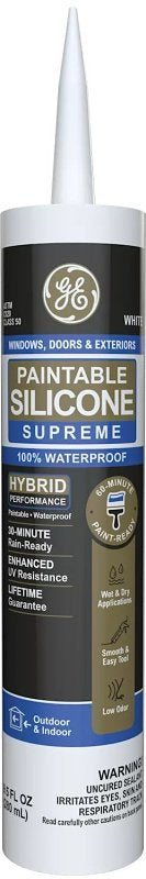 GE Paintable Silicone Supreme 2733730 Window & Door Sealant, White, 24 hr Curing, 10.1 fl-oz Cartridge