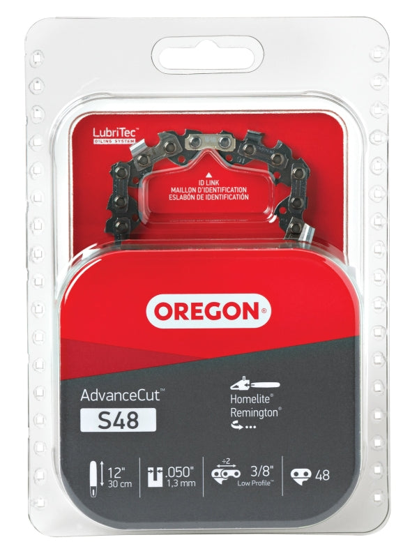 Oregon S48 Chainsaw Chain, 12 in L Bar, 0.05 Gauge, 3/8 in TPI/Pitch, 48-Link