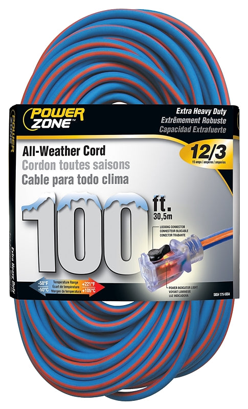 PowerZone ORC530835 Extension Cord, 12 AWG Cable, 5-15P Grounded Plug, 5-15R Grounded Receptacle, 100 ft L, 125 V