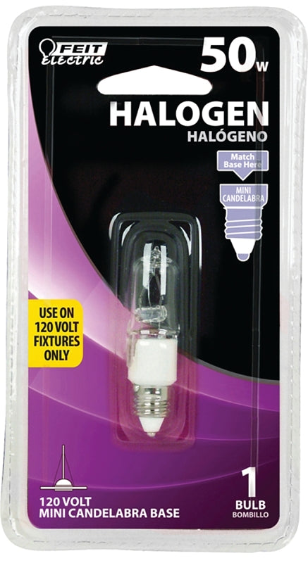 Feit Electric BPQ50/CL/MC/RP Halogen Light Bulb, 50 W, Miniature Candelabra Screw E11 Lamp Base, T4 Lamp