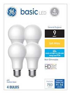 GE Industrial Solutions 36993 LED Bulb, General Purpose, A19 Lamp, 60 W Equivalent, E26 Lamp Base, Soft White Light