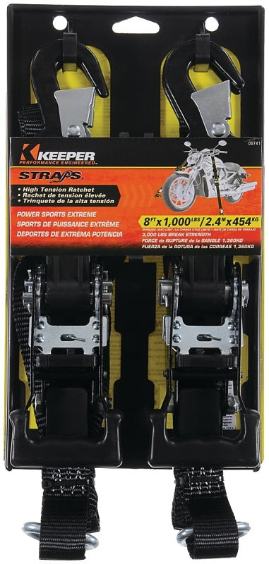 Keeper 05741 Tie-Down, 1-1/4 in W, 8 ft L, Polyester, Black, 1000 lb, Snap Hook End Fitting