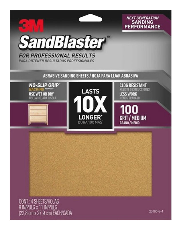 3M 20100-G-4 Sandpaper Sheet, 11 in L, 9 in W, 100 Grit, Aluminum Oxide Abrasive, Ceramic Backing