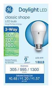 GE Basic Series 93131784 Light Bulb, Three-Way, A19 Lamp, 100 W Equivalent, DC Medium Lamp Base, Frosted, Daylight