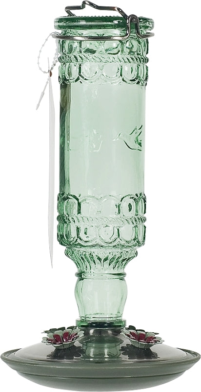 Perky-Pet 8108-2 Bird Feeder, Antique Bottle, 10 oz, 4-Port/Perch, Glass/Metal, Green, 10 in H