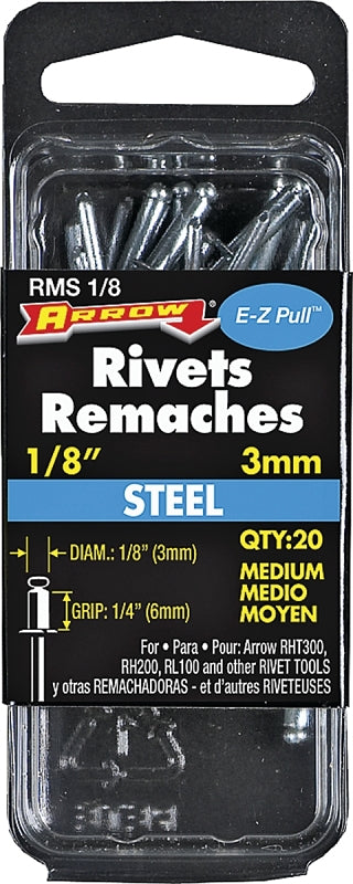 Arrow RMS1/8 Pop Rivet, Medium, 1/4 in L, Steel, 20/PK