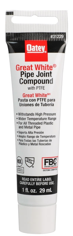 Oatey Great White 31229 Pipe Joint Compound, 1 oz Tube, Liquid, Paste, White