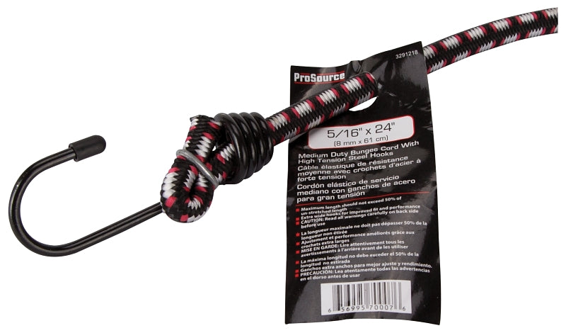 ProSource FH64017 Stretch Cord, 8 mm Dia, 24 in L, Polypropylene, Black, Hook End