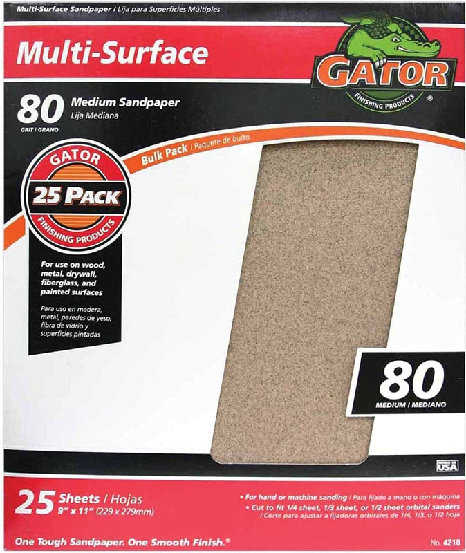 Gator 3265 Sanding Sheet, 11 in L, 9 in W, 80 Grit, Medium, Aluminum Oxide Abrasive