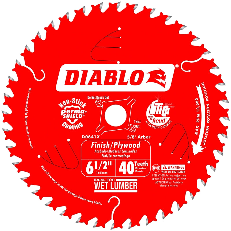 Diablo D0641X Circular Saw Blade, 6-1/2 in Dia, 5/8 in Arbor, 40-Teeth, Carbide Cutting Edge