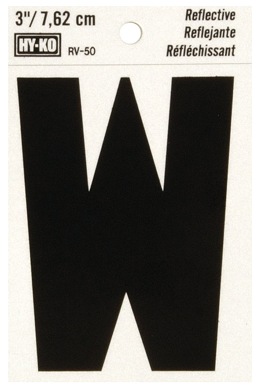 Hy-Ko RV-50/W Reflective Letter, Character: W, 3 in H Character, Black Character, Silver Background, Vinyl