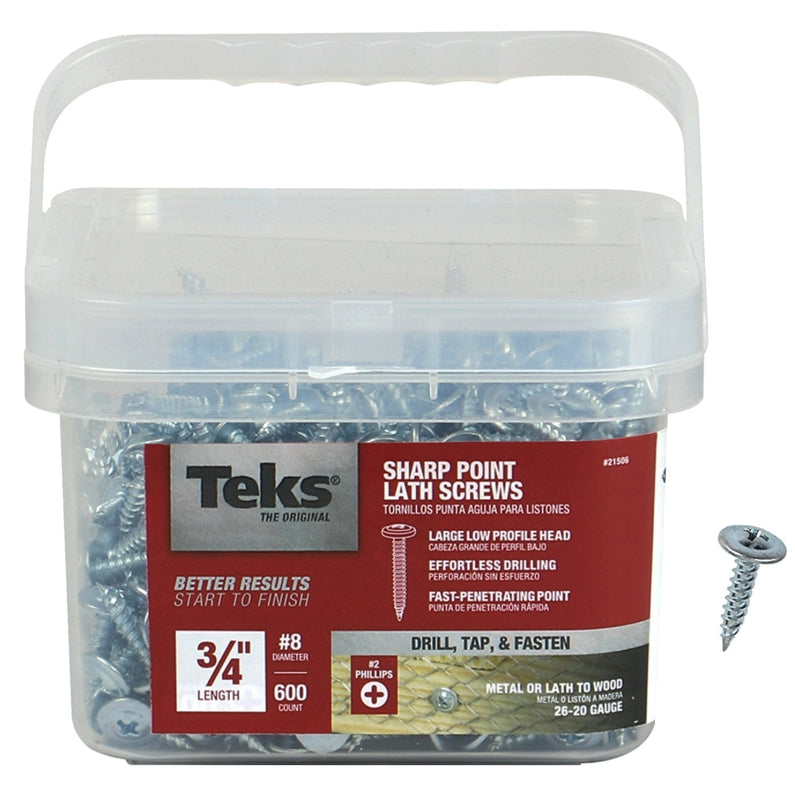 Teks 21506 Lath Screw, #8 Thread, Truss Head, Phillips Drive, Sharp Point, Steel, Zinc, 600 PAIL