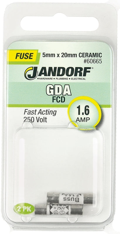 Jandorf 60665 Fast Acting Fuse, 1.6 A, 250 V, 1500 A Interrupt, Ceramic Body