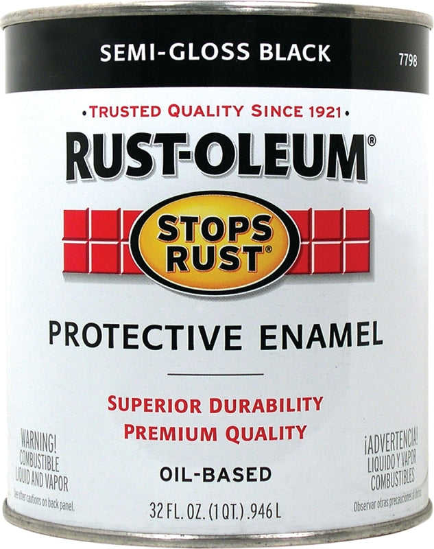 Rust-Oleum Stops Rust 7798502 Enamel Paint, Oil, Semi-Gloss, Black, 1 qt, Can, 50 to 100 sq-ft/qt Coverage Area