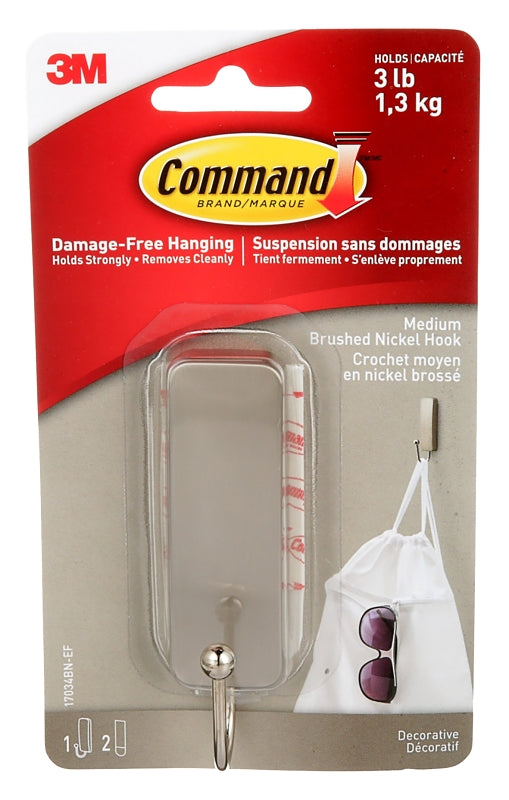 Command 17034BN-ES Medium Decorative Hook, 1 in W, Metal/Plastic, Brushed Nickel, 3 lb