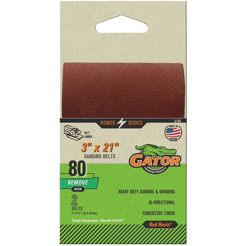 Gator 3146 Sanding Belt, 3 in W, 21 in L, 80 Grit, Medium, Aluminum Oxide Abrasive