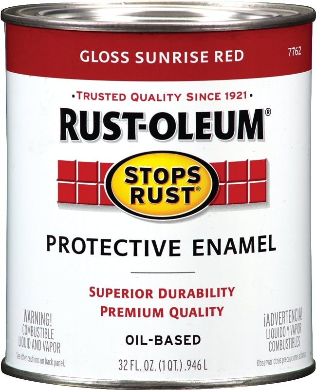 Rust-Oleum Stops Rust 7762502 Enamel Paint, Oil, Gloss, Sunrise Red, 1 qt, Can, 50 to 90 sq-ft/qt Coverage Area