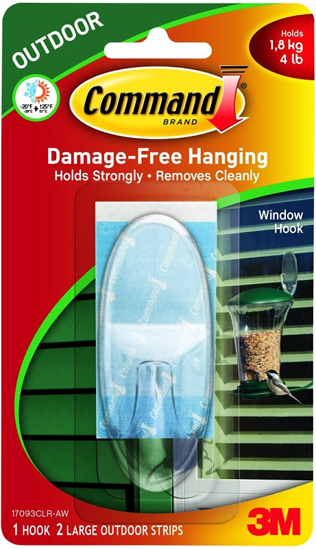 Command 17093CLR-AW Window Hook, 4 lb, 1-Hook, Plastic, Clear