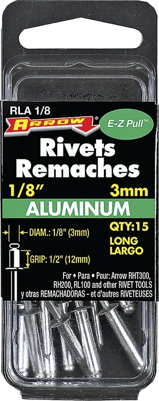 Arrow RLA1/8 Pop Rivet, Long, 1/2 in L, Aluminum, 15/PK