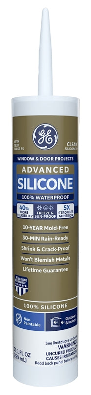 GE Advanced Silicone 2 2811092 Window & Door Sealant, Clear, 24 hr Curing, 10.1 fl-oz Cartridge