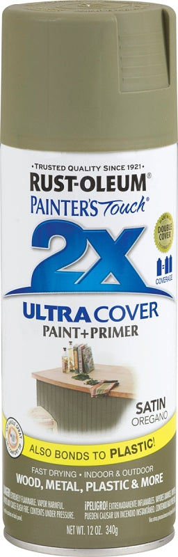 Rust-Oleum Painter's Touch 2X Ultra Cover 334077 Spray Paint, Satin, Oregano, 12 oz, Aerosol Can