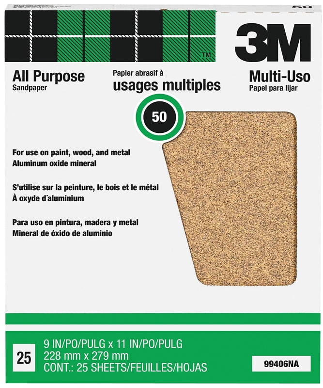 3M 99406 Sandpaper Sheet, 11 in L, 9 in W, Coarse, 50 Grit, Aluminum Oxide Abrasive, Paper Backing