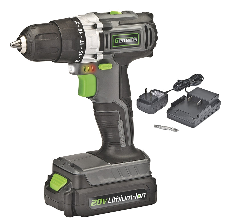 Genesis GLCD2038A Drill/Driver, Battery Included, 20 V, 1.5 mAh, 3/8 in Chuck