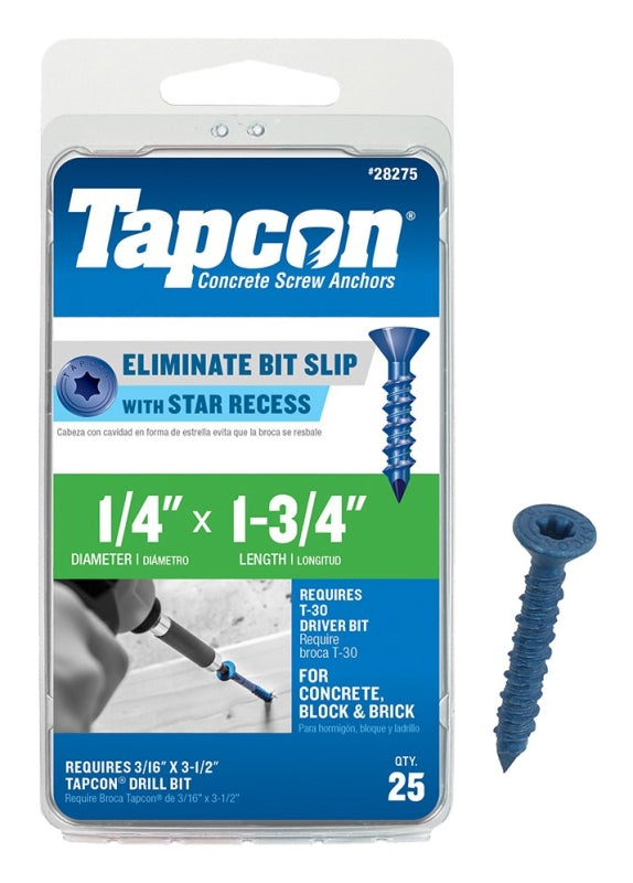 Tapcon 24275 Concrete Screw Anchor, 1/4 in Dia, 1-3/4 in L, Steel, Climaseal