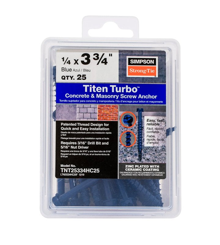 Simpson Strong-Tie Titen Turbo TNT25334HC25 Screw Anchor, 1/4 in Dia, 3-3/4 in L, Carbon Steel, Ceramic-Coated/Zinc