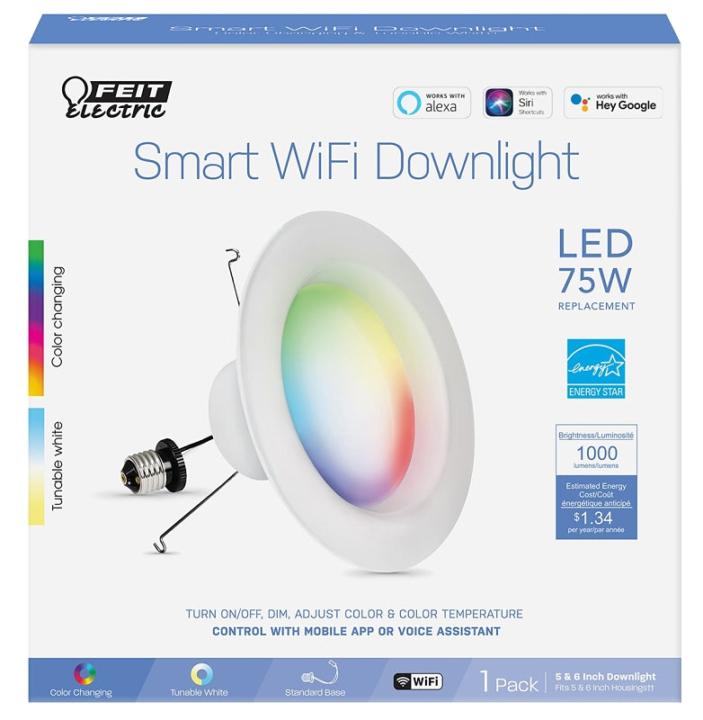 Feit Electric LEDR6/RGBW/AG Smart Downlight, 11.1 W, 120 V, LED Lamp, 1000 Lumens, 6500 K Color Temp