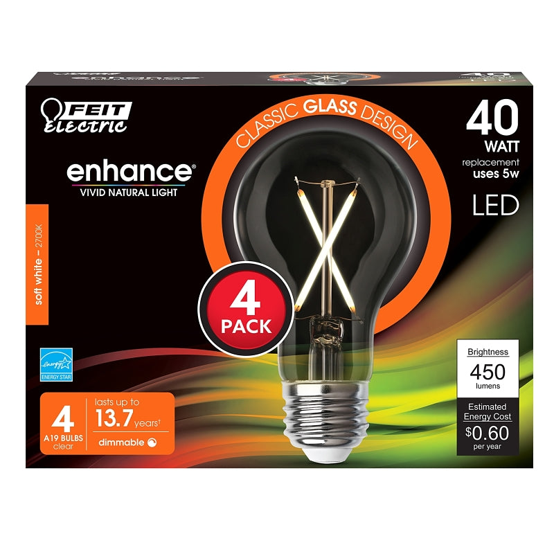 Feit Electric A1940CL927CA/FIL/4 LED Light Bulb, A19 Lamp, 40 W Equivalent, E26 Lamp Base, Dimmable, Clear
