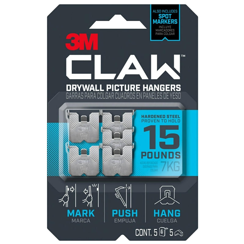 3M CLAW 3PH15M-5ES Drywall Picture Hanger, 15 lb, Steel, Push-In Mounting, 5/PK