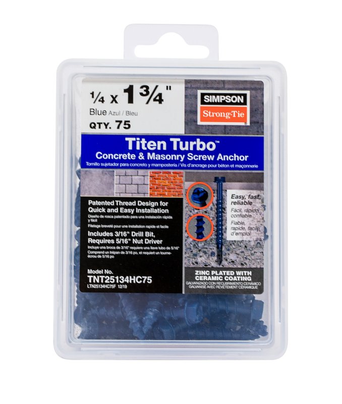 Simpson Strong-Tie Titen Turbo TNT25134HC75 Screw Anchor, 1/4 in Dia, 1-3/4 in L, Carbon Steel, Ceramic-Coated/Zinc