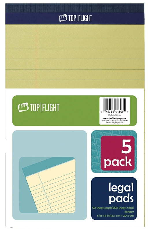 Top Flight 8105/5 Series 4513090 Legal Pad, 8 in L x 5 in W Sheet, 50-Sheet, Canary Yellow Sheet