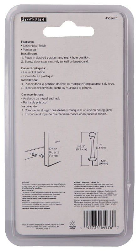 Prosource CL-208C-SN-PS Heavy-Duty Rigid Door Stop, 1 in Dia Base, 3 in Projection, Die-Cast Zinc & Plastic